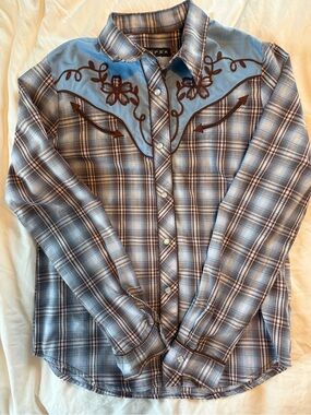 Roper girls Blue Plaid Western Button-Down Shirt with Brown Embroidery